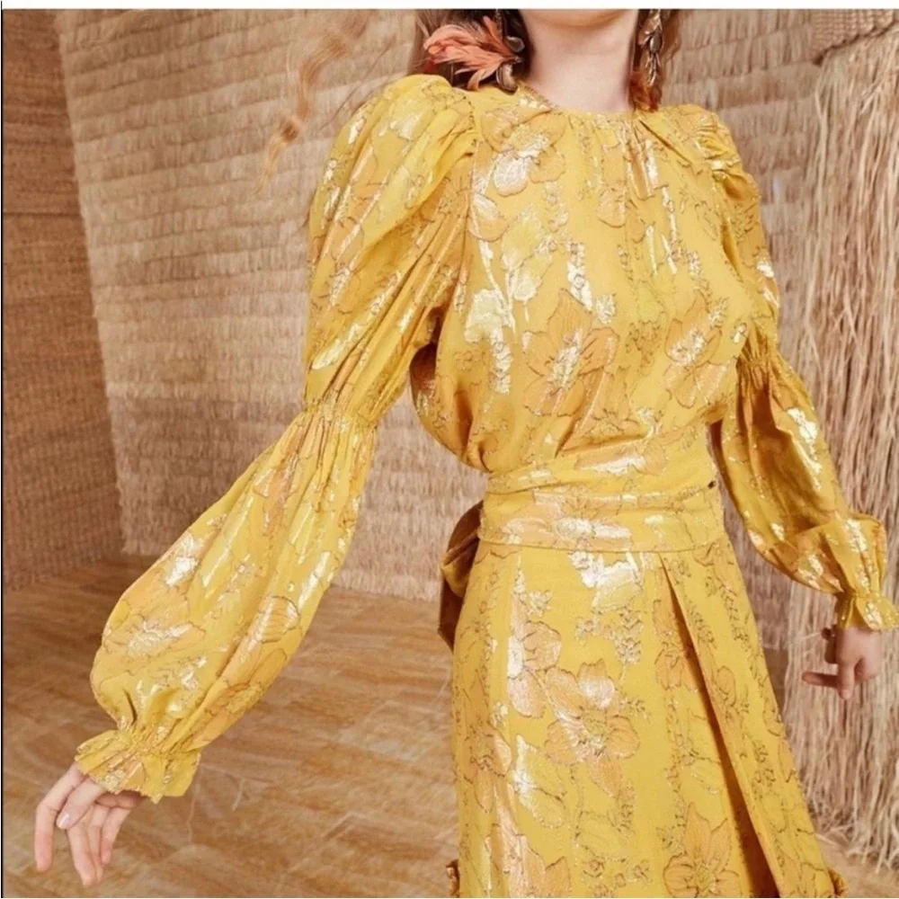 Ulla Johnson Aster Metallic Floral Blouse in Gold Orange Citrine Sz 2